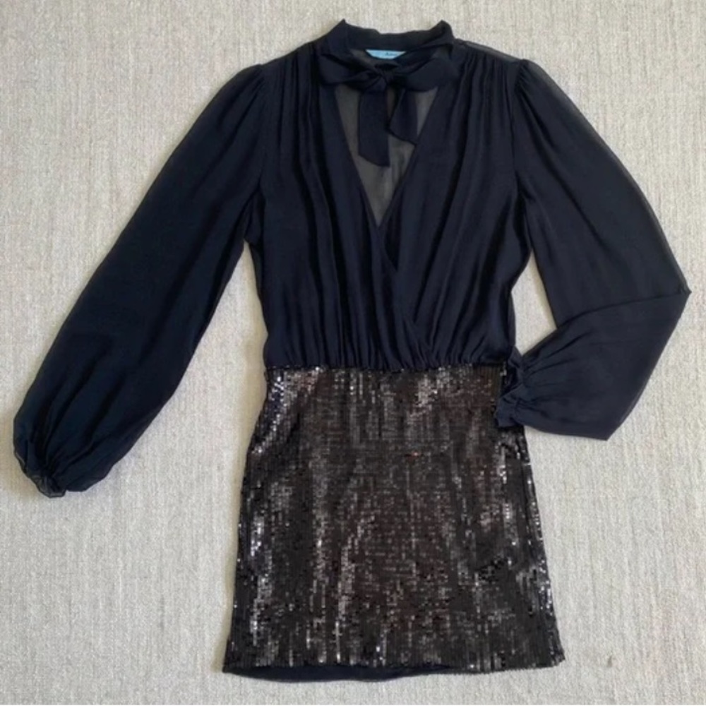 Marciano Sequined and Sheer Long Sleeve Mini Party Dress